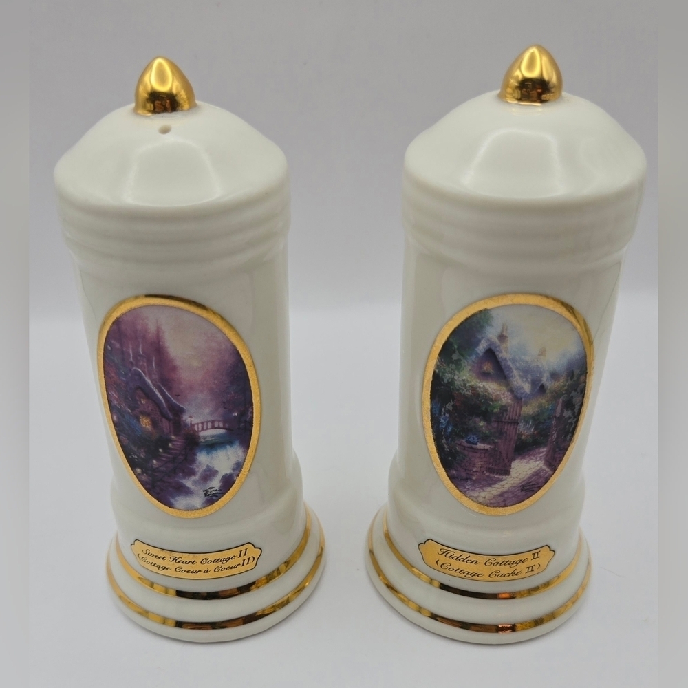 Thomas Kinkade Avon China Cottage Salt Pepper Shakers Gold Trim - Picture 3 of 10